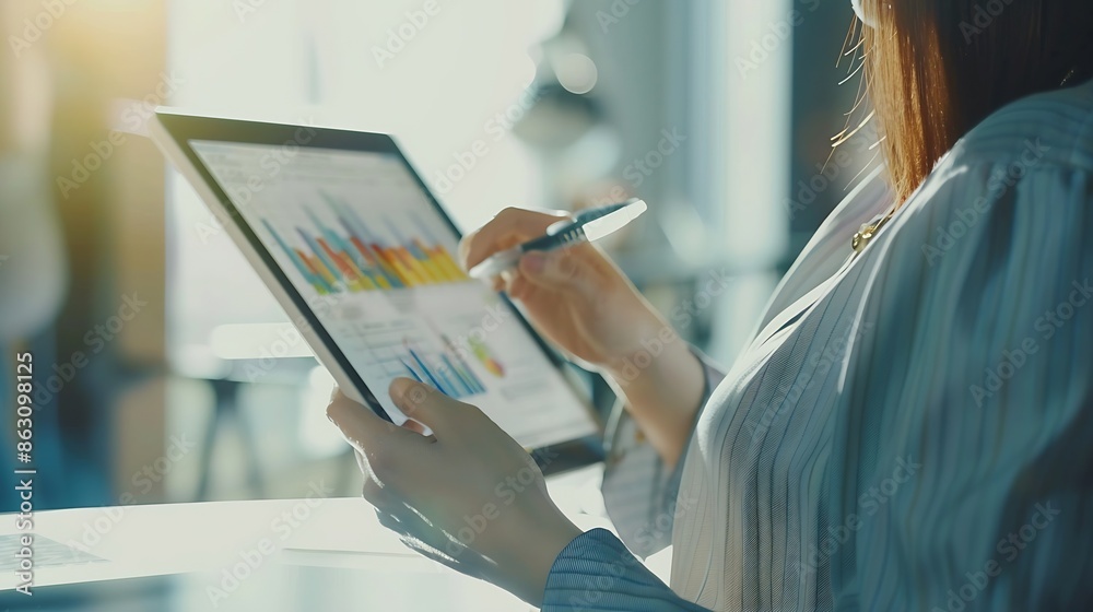 Aufkleber portrait of a woman working on a tablet computer in a modern office make an account analysis report 