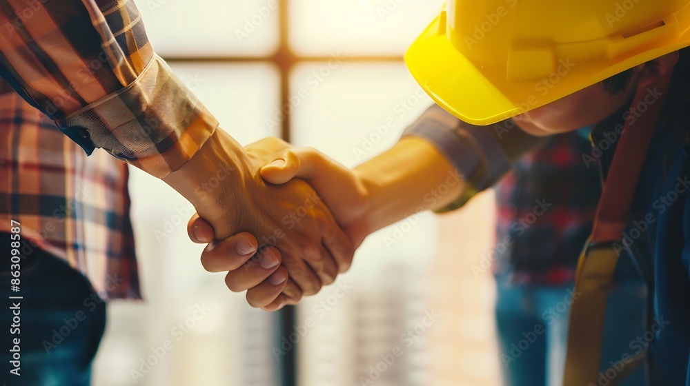 Poster Construction workers architects and engineers shake hands while working for teamwork and cooperation after completing an agreement in an office facility successful cooperation concept : Generative AI