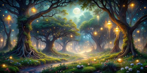 Enchanting mystical forest illuminated by soft ethereal glow, twinkling fireflies, and radiant moonbeams, surrounded by ancient gnarled trees and lush foliage, under starry night sky.