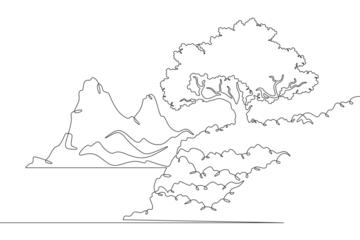 High mountain. Beautiful lonely tree on the shore. Rocky island. Mountain near a lake. Landscape. One continuous line drawing on a white isolated background. Minimalism linear illustration.