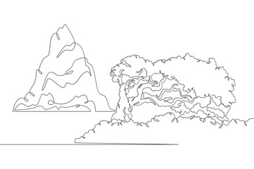 Fototapeta premium High mountain. Beautiful lonely tree on the shore. Rocky island. Mountain near a lake. Landscape. One continuous line drawing on a white isolated background. Minimalism linear illustration.