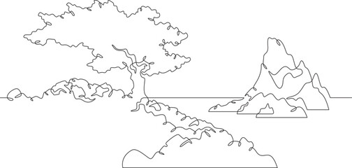 High mountain. Beautiful lonely tree on the shore. Rocky island. Mountain near a lake. Landscape. One continuous line drawing on a white isolated background. Minimalism linear illustration. © nasharaga