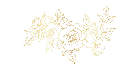 Golden rose flowers line art isolated on white background. Luxury roses floral design elements for invitation, wedding, wallpaper, print template, vector illustration