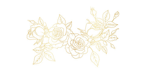 Golden rose flowers line art isolated on white background. Luxury roses floral design elements for invitation, wedding, wallpaper, print template, vector illustration
