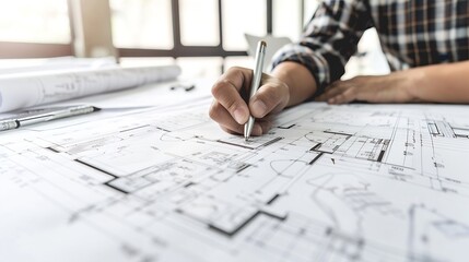 Architect working with blueprints closeup of hand and pen : Generative AI
