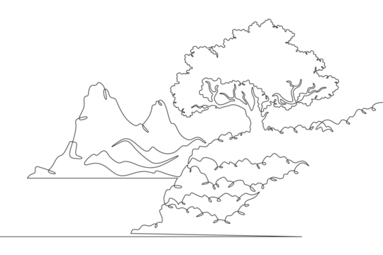 High mountain. Beautiful lonely tree on the shore. Rocky island. Mountain near a lake. Landscape. One continuous line drawing on a white isolated background. Minimalism linear illustration.