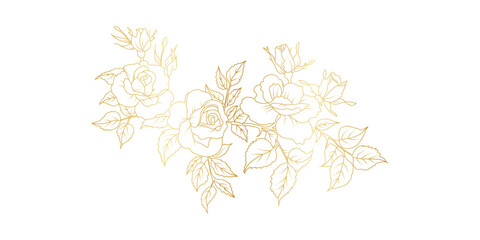 Golden rose flowers line art isolated on white background. Luxury roses floral design elements for invitation, wedding, wallpaper, print template, vector illustration