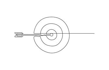 Target with arrow continuous line drawing. Hand drawn linear goal circle. Vector illustration isolated on white. Continuous line drawing of Target with arrows. Single line illustration of goal circle