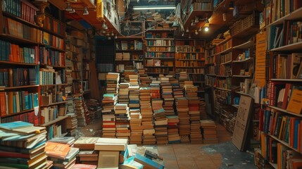 Obraz premium A library with a lot of books scattered on the floor. Generate AI image