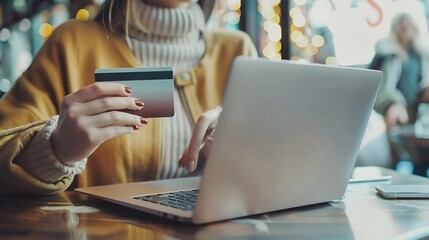 Woman shopping on laptop holding credit card for Internet online ecommerce shopping spending money Online shopping Mobile phone laptop technology : Generative AI