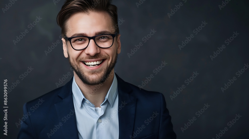 Poster close up portrait of a cheerful man in glasses and dark blue suit isolated on grey background : gene