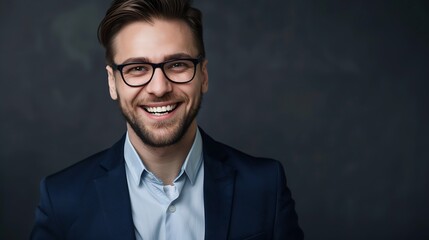 Close up portrait of a cheerful man in glasses and dark blue suit Isolated on grey background : Generative AI