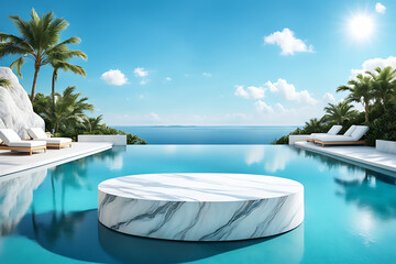 Obraz premium Podium water background product display scene 3d marble stand stone summer platform. Mockup background water beauty white podium rock space cosmetic stage blue presentation nature light pool black 