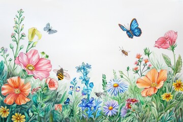 Colorful Children's Garden Drawing with Blooming Flowers, Butterflies, and Bees - Perfect for Spring Themed Posters and Cards