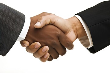  Professional people in suits shaking hands after a successful interview in a well-lit modern office. Business partnership, job interview, and professional agreement concepts on a white background