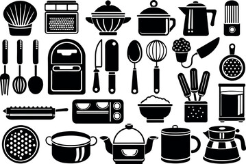 Kitchen and Food related concept Chef hat, kitchen utensils, cutting board, knife & many more, editable stroke outline icons isolated on white background flat vector illustration