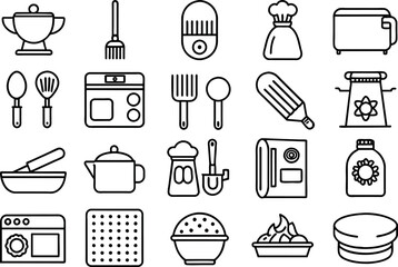 Kitchen and Food related concept Chef hat, kitchen utensils, cutting board, knife & many more, editable stroke outline icons isolated on white background flat vector illustration