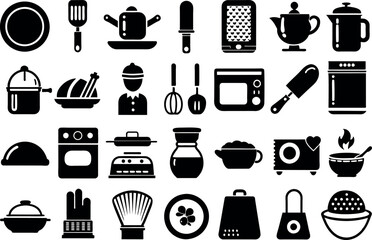 Kitchen and Food related concept Chef hat, kitchen utensils, cutting board, knife & many more, editable stroke outline icons isolated on white background flat vector illustration