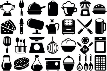 Kitchen and Food related concept Chef hat, kitchen utensils, cutting board, knife & many more, editable stroke outline icons isolated on white background flat vector illustration