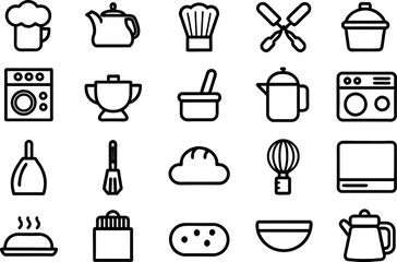 Kitchen and Food related concept Chef hat, kitchen utensils, cutting board, knife & many more, editable stroke outline icons isolated on white background flat vector illustration