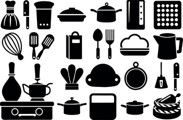 Kitchen and Food related concept Chef hat, kitchen utensils, cutting board, knife & many more, editable stroke outline icons isolated on white background flat vector illustration