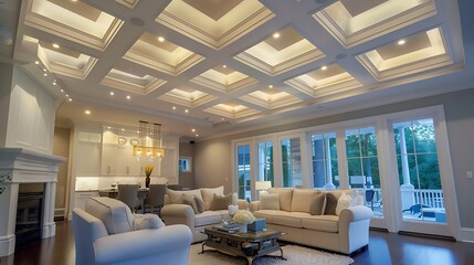 The room includes a large, comfortable seating area with sofas and armchairs, a coffee table, and an open-plan kitchen and dining area in the background. The ceiling has an intricate design with reces