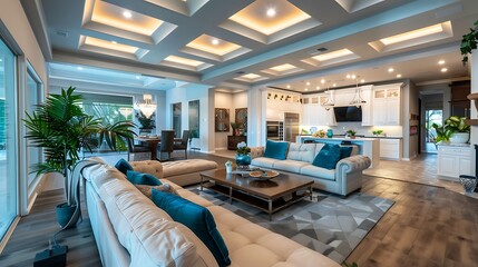 The room includes a large, comfortable seating area with sofas and armchairs, a coffee table, and an open-plan kitchen and dining area in the background. The ceiling has an intricate design with reces