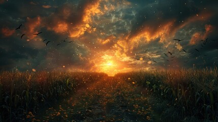 A striking image capturing the beauty of a dramatic sunset over a vast field, with dark clouds, a flock of birds, and glowing fireflies illuminating the harvest.