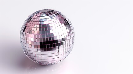 Disco ball with vivid mirrored tiles on white backdrop, creating bright reflections, bringing festive energy and dynamic vibes, ideal for celebration themes