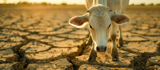 Obraz premium Cow on Dry Land Symbolizing Water Scarcity