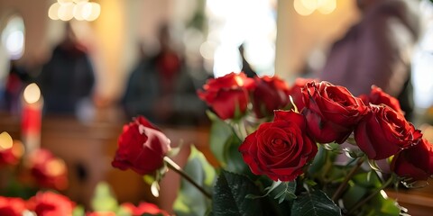 Mourners respectfully lay roses on woman's coffin during church funeral service. Concept Funerals, Church service, Mourning, Roses, Respectfulgesture