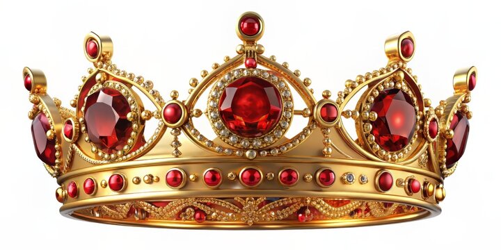 Regal gold crown adorned with vibrant red rubies, intricately designed with ornate details, majestically resting on a pure white background in a 3D illustration.