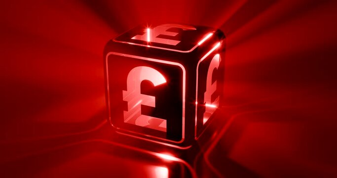 Iconic cube animation self emitting light rays through Pound Sterling GBP financial symbol on red misty dreamy environment fading to black background