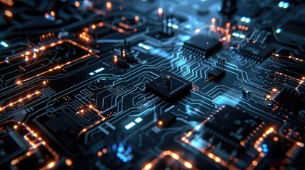 Obraz premium Circuit board and its elements, concept of artificial intelligence, virtual reality, code writing, data programming, technology and innovation