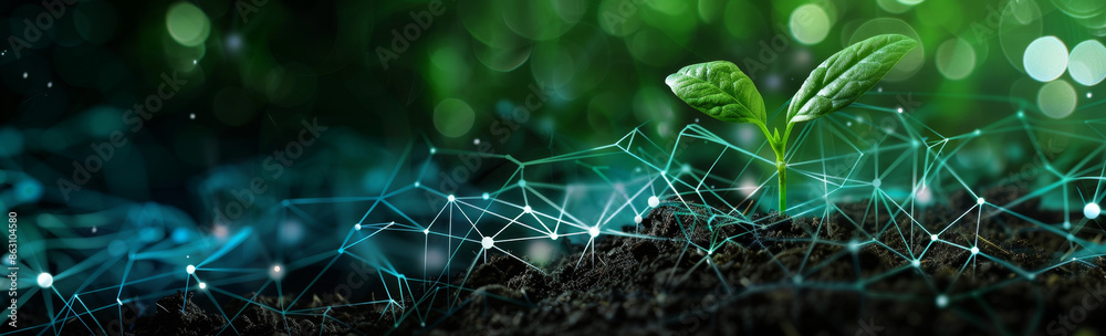 Wall mural a young plant sprouting from the soil, surrounded by an array of digital connections and data points