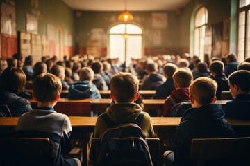 Children sit at desks in a rural school. Lesson. Education. Back to school