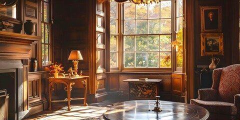 Elegant English country house decor with autumnal accents and cozy furnishings. Concept English Country House, Autumnal Accents, Cozy Furnishings, Elegant Decor