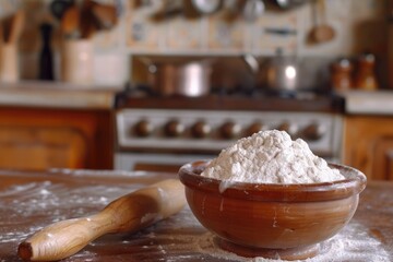 Fototapeta premium Wooden rolling pin and flour in bakehouse kitchen.