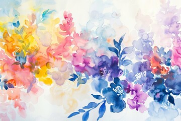 Abstract watercolor background with colorful flower shapes on white paper. 