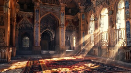 A large room with a red carpet and gold accents. Generate AI image