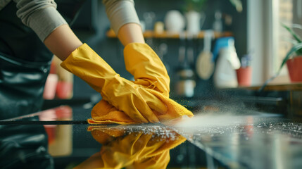 female cleaner hands in gloves