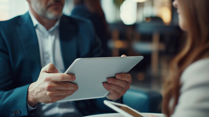 Business colleagues discuss a report displayed on a tablet during a meeting in a modern office.