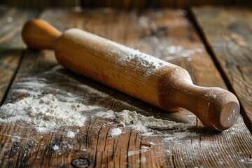 Kitchen rolling pin  flour on wooden background
