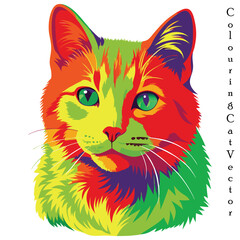 Colorful cat portrait with splashes on white background. Vector illustration.