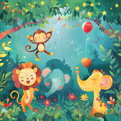 Vibrant Jungle-Themed Kid's Meal Packaging with Playful Animals and Bright Colors