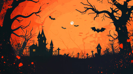 Halloween castle at a graveyard, full moon, bats flying around, evil scary night, darkness