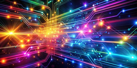 Vibrant abstract neon background with shimmering wires and glowing circuits, representing cutting-edge panoramic high speed technology and innovative digital connectivity solutions.