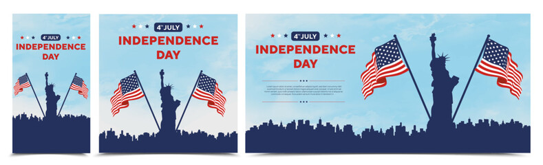 Happy 4th of July independence day USA. USA flags and cityscape on a navy blue background. Statue of liberty. Vector illustration.