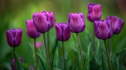 Fototapeta premium Group of purple Tulips in a natural colorful closeup with a green background