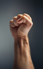Image of a raised fist against a grey background, representing strength, power, and unity. The fist is clenched tightly, symbolizing determination and resilience.